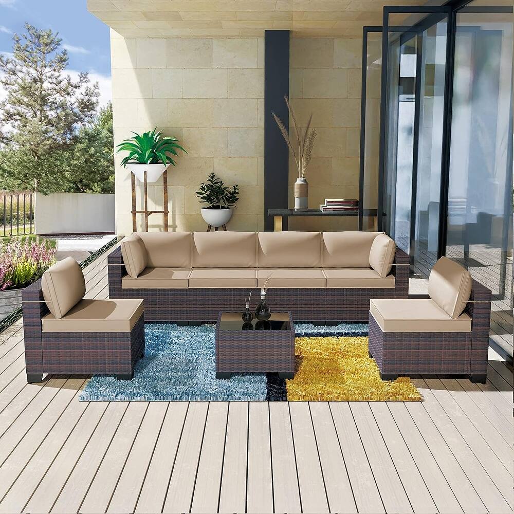 Kullavik 7 Pieces Outdoor Sectional Sofa Set Brown Wicker Patio Conversation Set with Seat Cushions and Tempered Glass Table