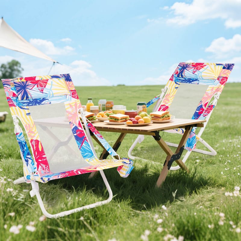 Costway Folding Low Beach Chair, Set of 2 with Padded Head Pillow,