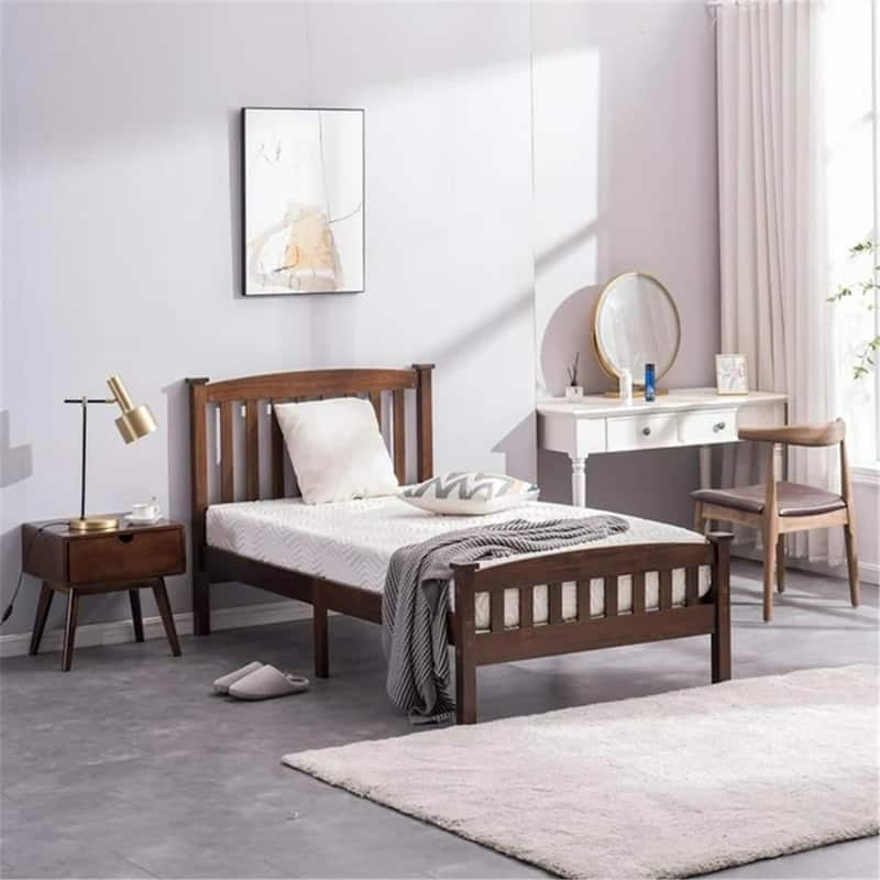 Twin Canopy Bed with Arched Headboard and Footboard, Solid Pine Wood Wooden Bed with Coffee-Brown