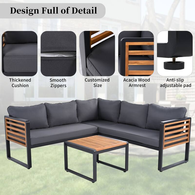 4-Piece L-Shaped Acacia Wood & Iron Patio Sectional Set For 5