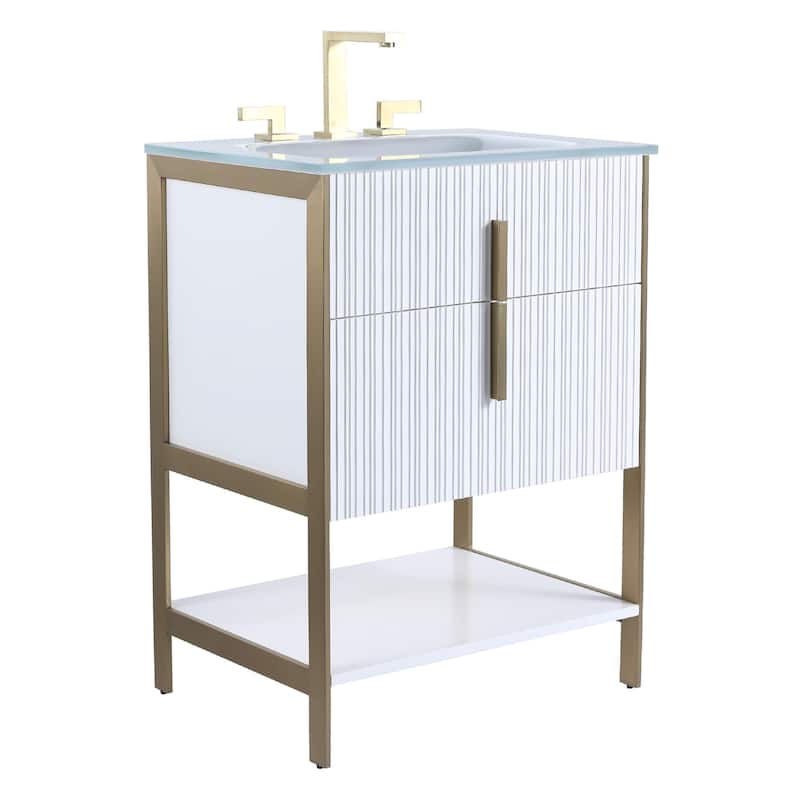 Fine Fixtures Serenity Modern Bathroom Vanity with White Glass Top - White Matte - Brass Hardware - 24 inch