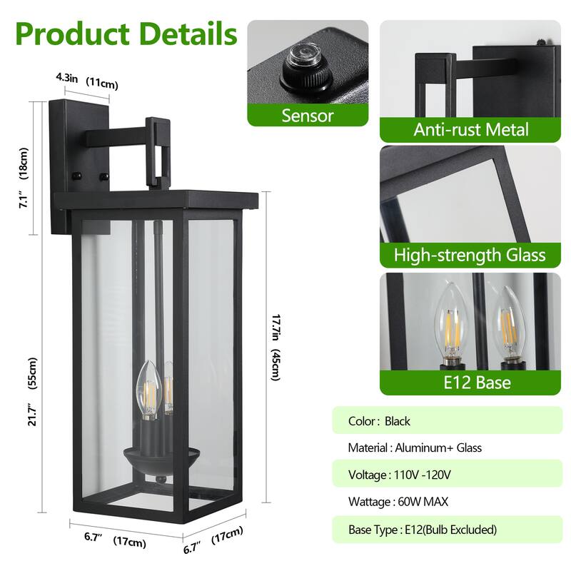 22" Outdoor Wall Lantern with Dusk-Dawn Sensor - 2-Light