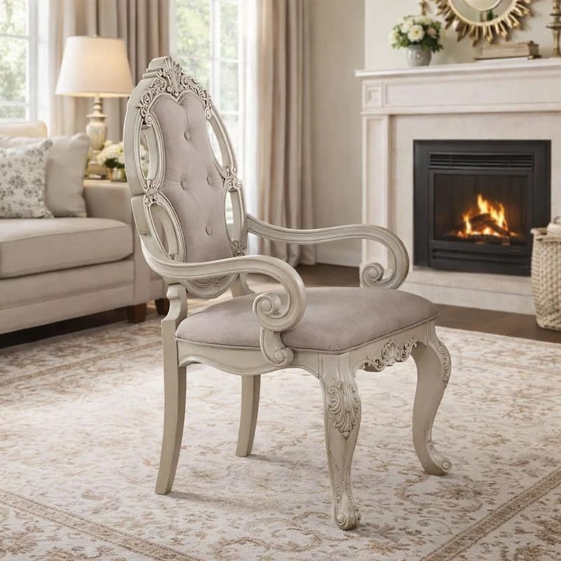 Fabric Upholstered Wooden Arm Chairs with Cabriole Legs, White and Gray, Set of Two