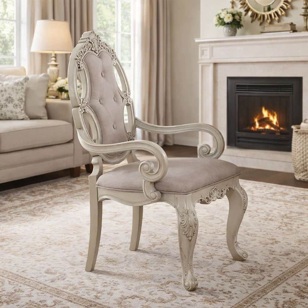 Fabric Upholstered Wooden Arm Chairs with Cabriole Legs, White and Gray, Set of Two