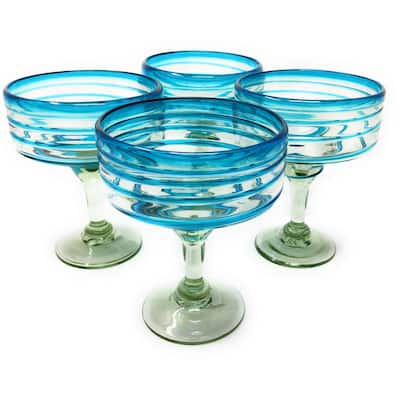Mexican Hand Blown Glass Set of 4 Hand Blown Margarita Glasses with Aqua Spiral Design