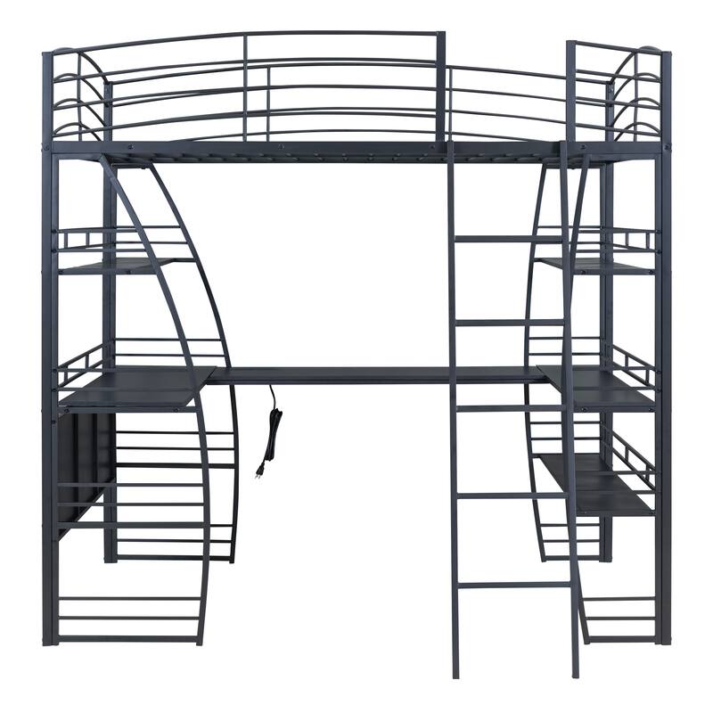 Black Metal Loft Bed with 4 Layers of Shelves, L-Shaped Desk, Sockets, USB Ports, Wireless Charging