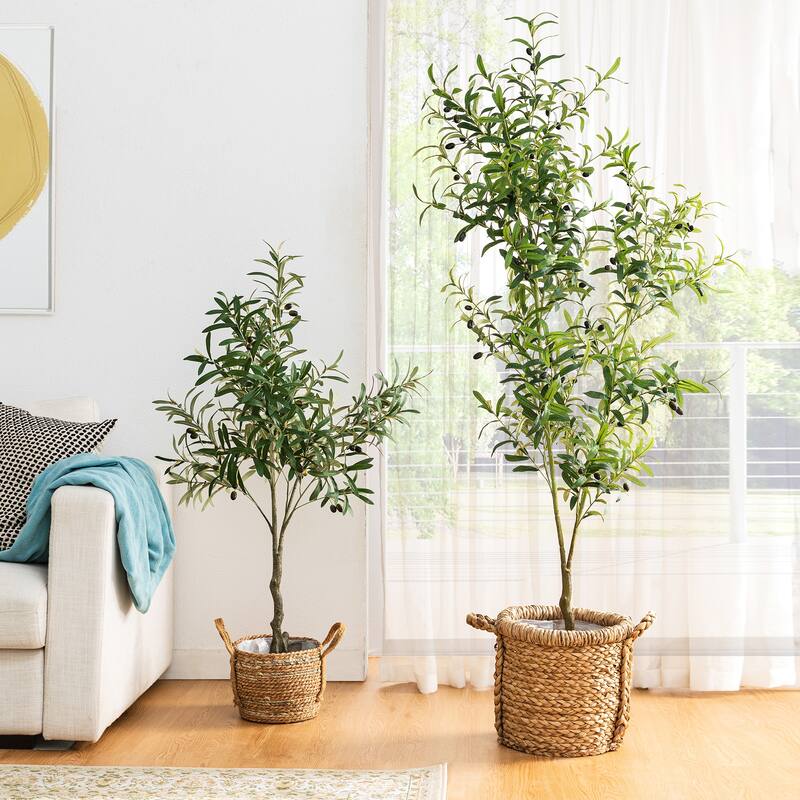 Glitzhome 3ft-6ft Set of 2 Artificial Olive Trees/ Bamboo/ Ficus with Ceramic Planters Real Touch