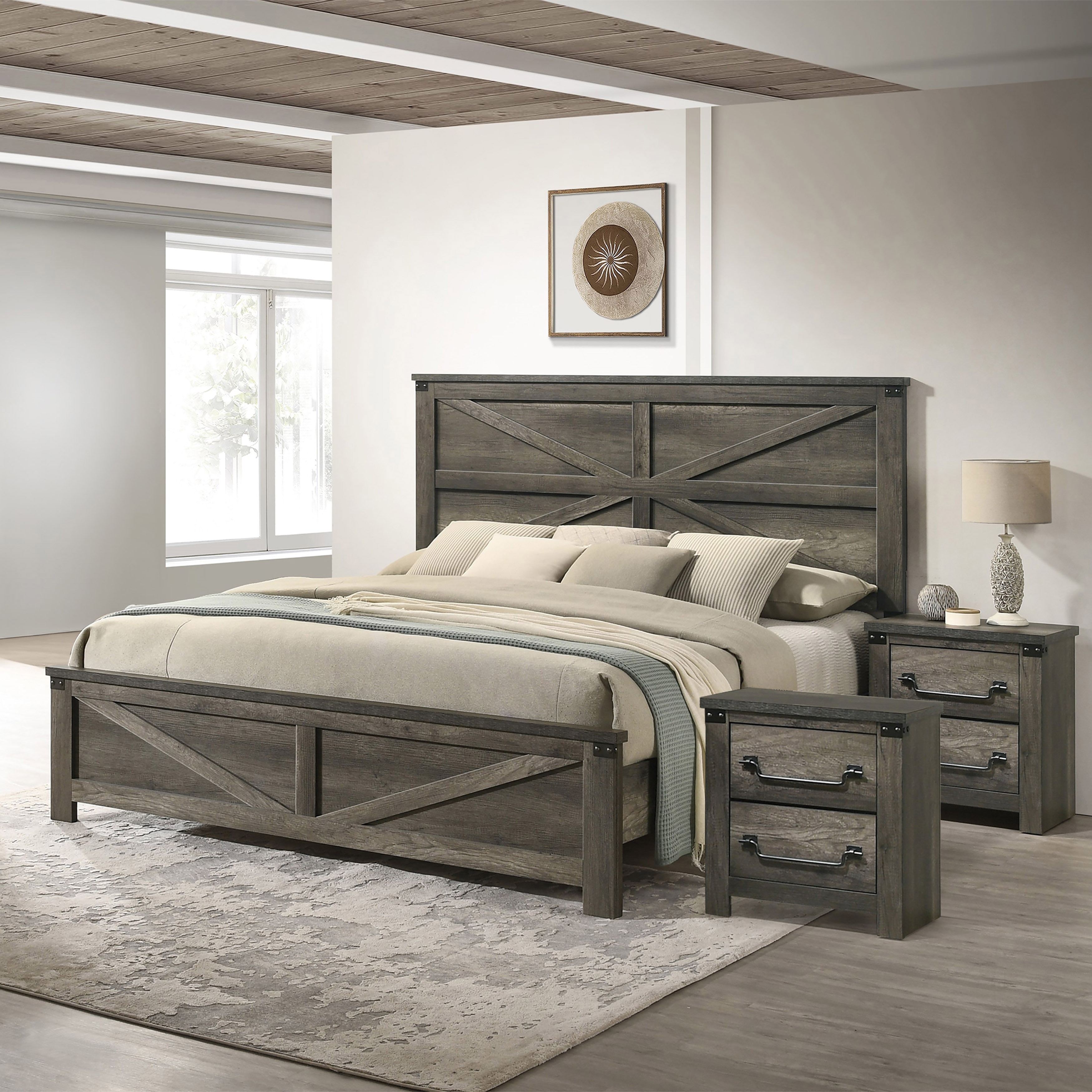 Furniture of America Vraif Farmhouse 3-Piece Rustic Grey Wood Panel Bedroom Set