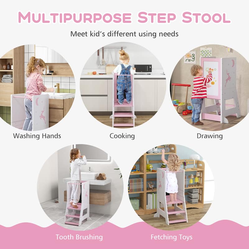 Toddler Kitchen Stool Baby Standing Tower with Chalkboard and Whiteboard - 19.5" x 14.5" x 34.5"