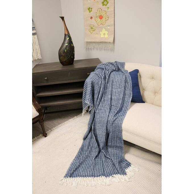 Home&Manor Handcrafted Wool & Cotton Throw Blanket Blue