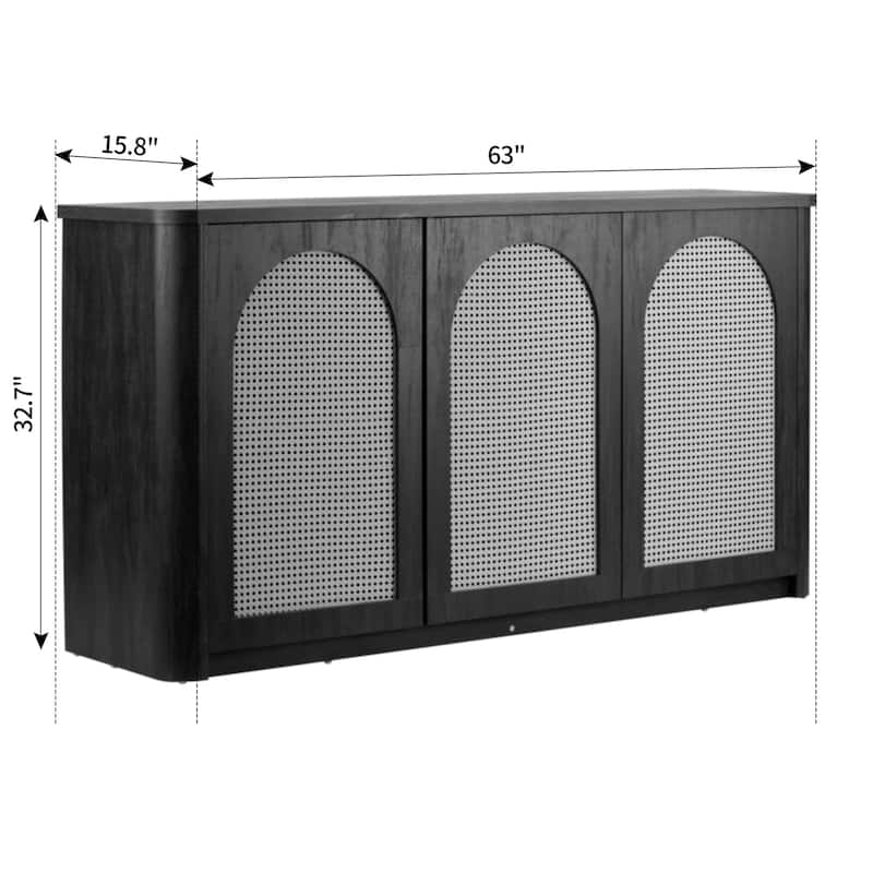 Bistra Brown Three Door Walnut Wood Sideboard with Rattan Doors