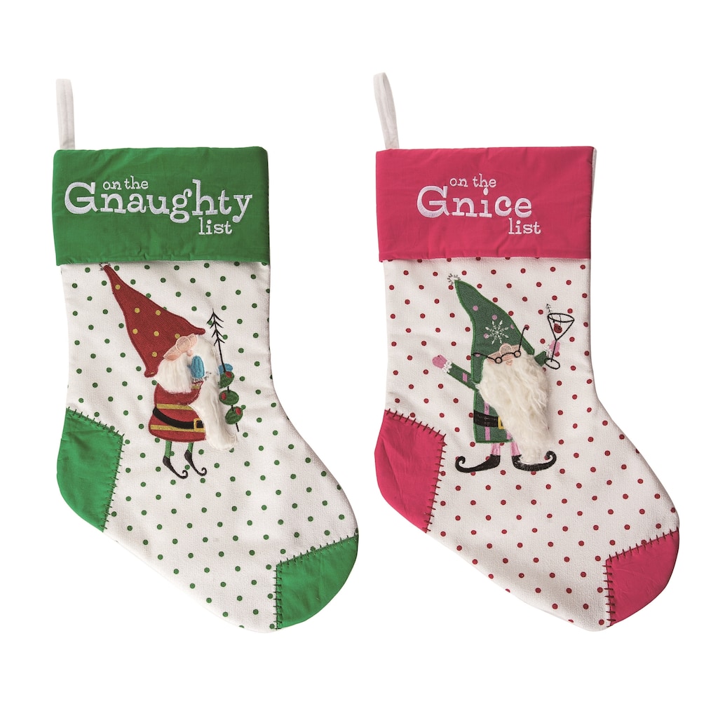 Transpac Fabric Gnaughty Gnome Stocking Set of 2 Christmas Home Decorations