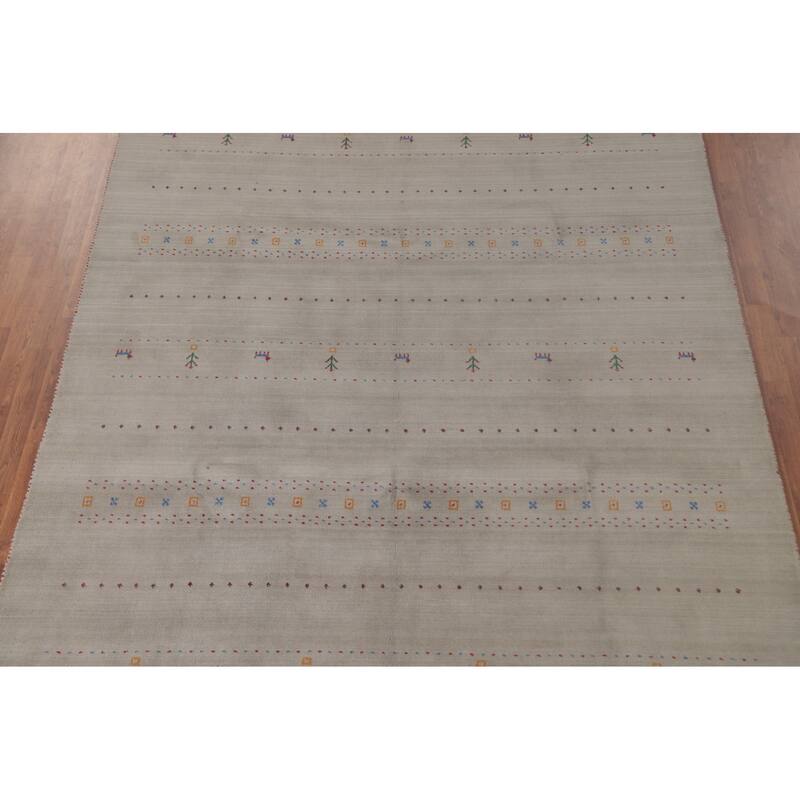 Tribal Gabbeh Area Rug Hand-Knotted Grey Wool Carpet - 7'11"x 9'7"