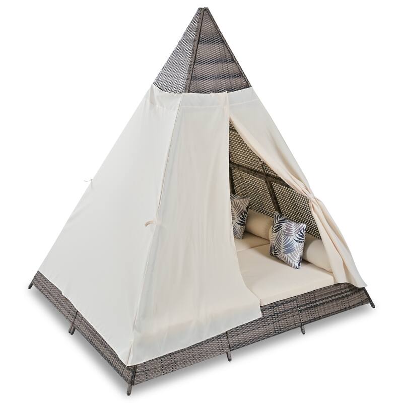 90.5" Outdoor Patio Wicker Triangle Tent Daybed Sunbed with Colorful Pillows and Curtain