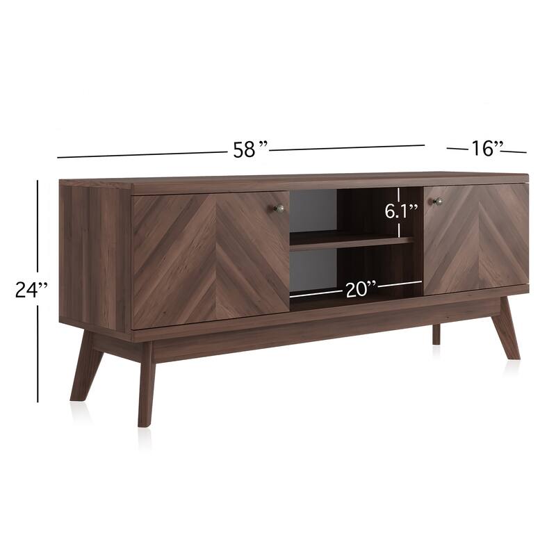 Living Skog Scandi Mid-Century Modern Herringbone TV Stand for TV Up to 65 Inches with Wooden Legs