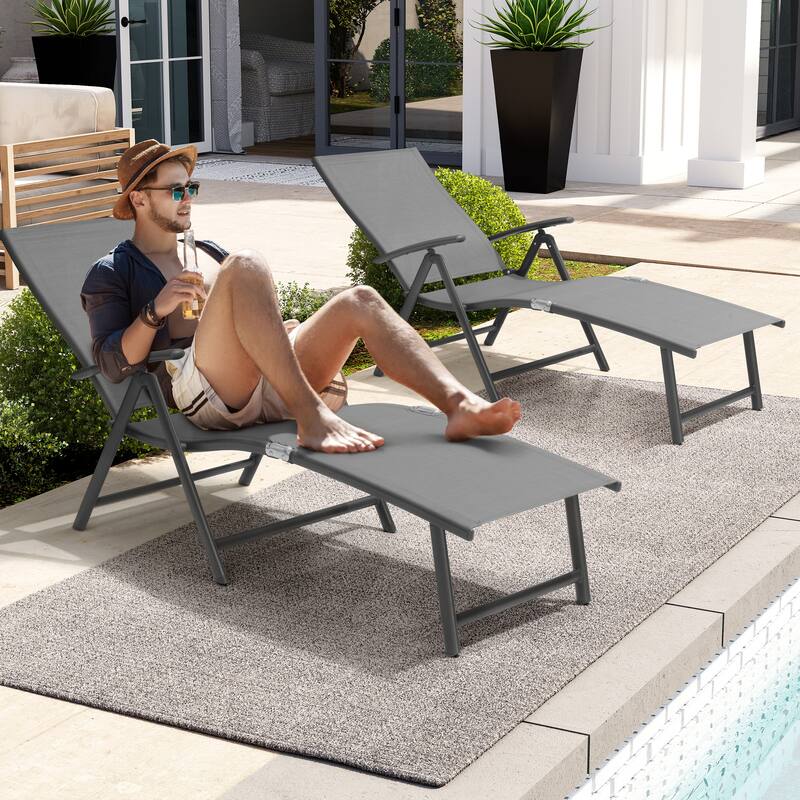 Outdoor Aluminum Folding Recliner Adjustable Chaise Lounge Chairs - See Picture