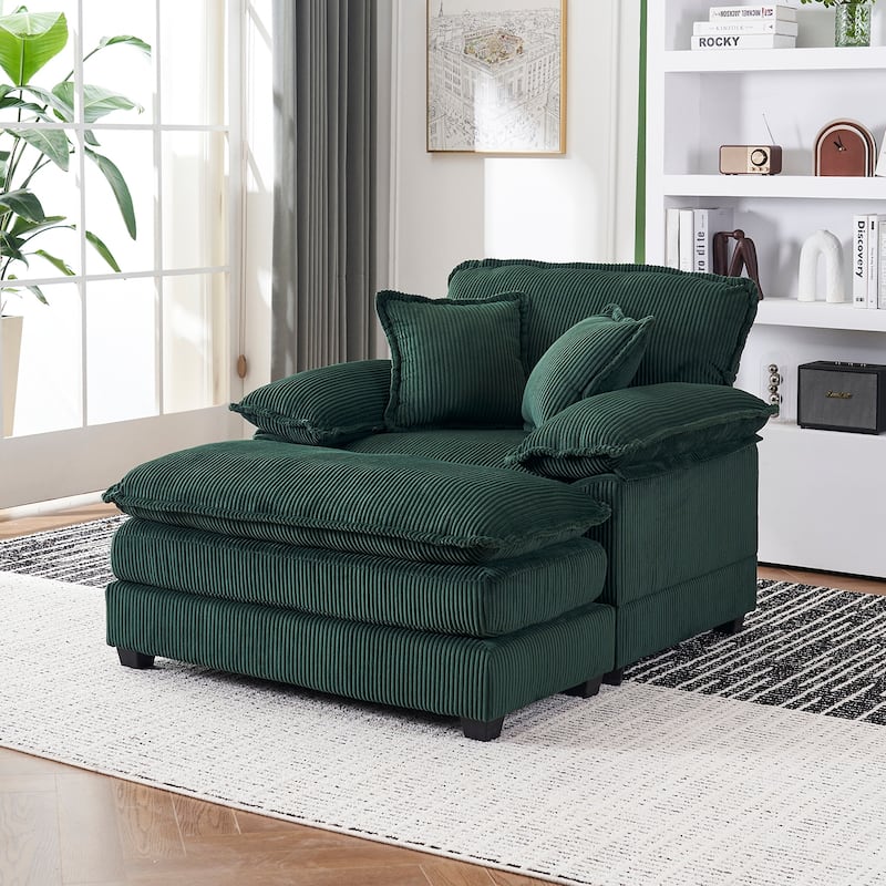 56.3 Inch Corduroy Single Deep Seat Sofa Chair With 2 Toss Pillows and a Ottoman