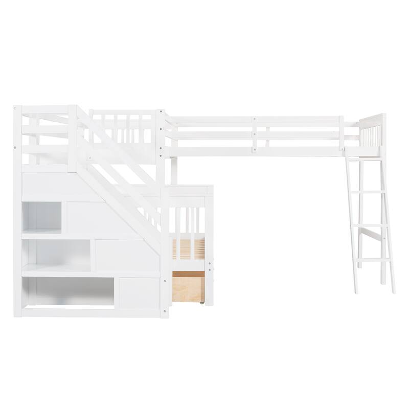 L-Shaped Twin over Full Bunk Bed with Drawers, Ladder, and Staircase in White