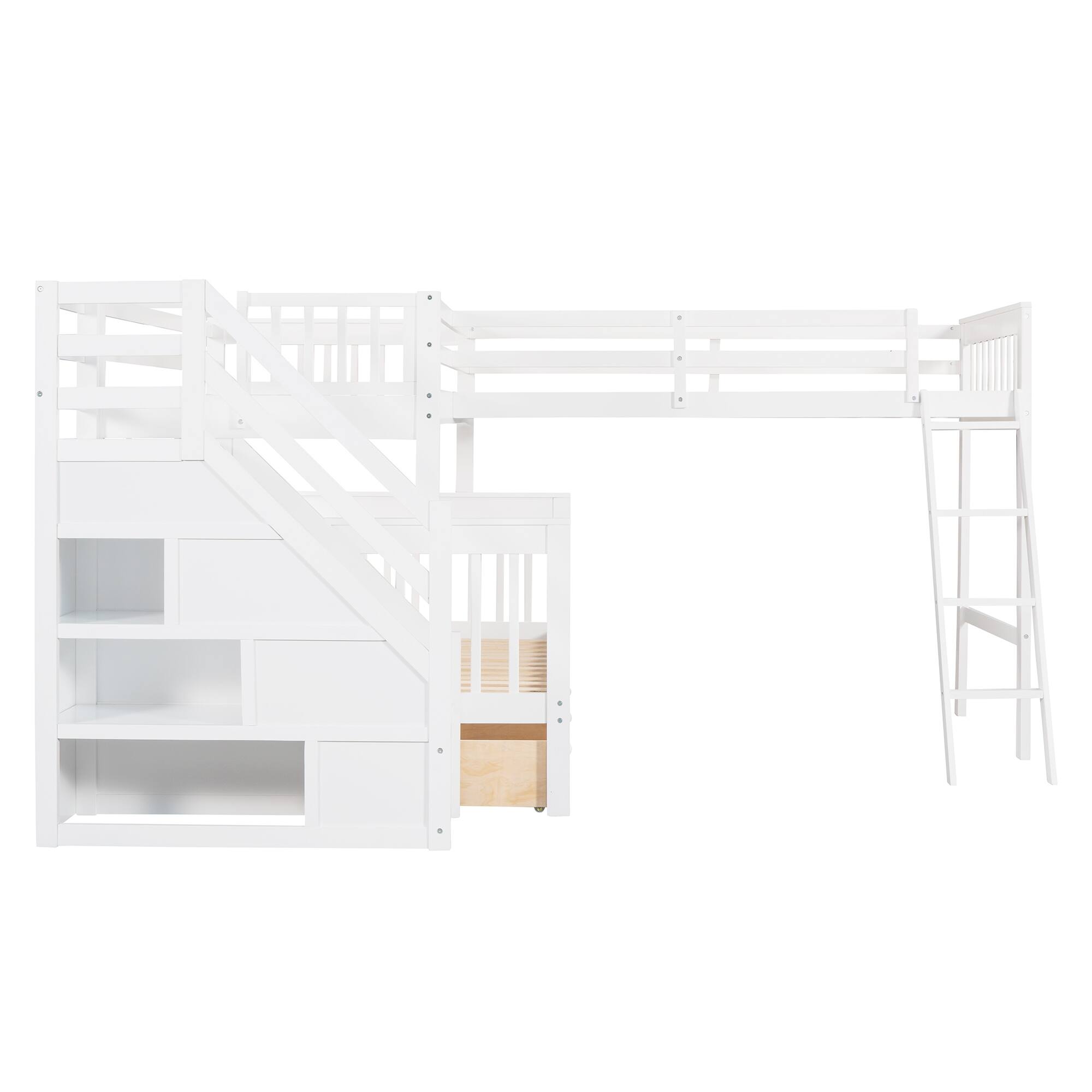 Twin over Full LShaped Bunk Bed with 3 Drawers, Ladder and Staircase