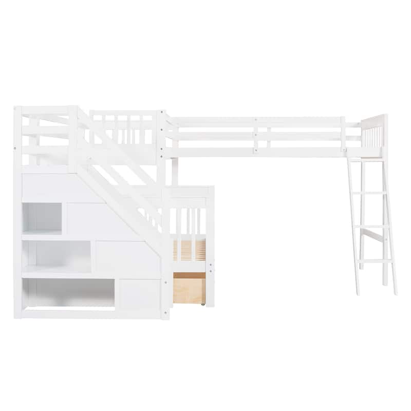 Twin over Full Solid Wood L-Shaped Bunk Bed with Drawers