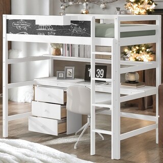 Multiple Storage Twin Size Loft Bed with Desk, Blackboard, Storage Box, Shelf and 3 Drawers