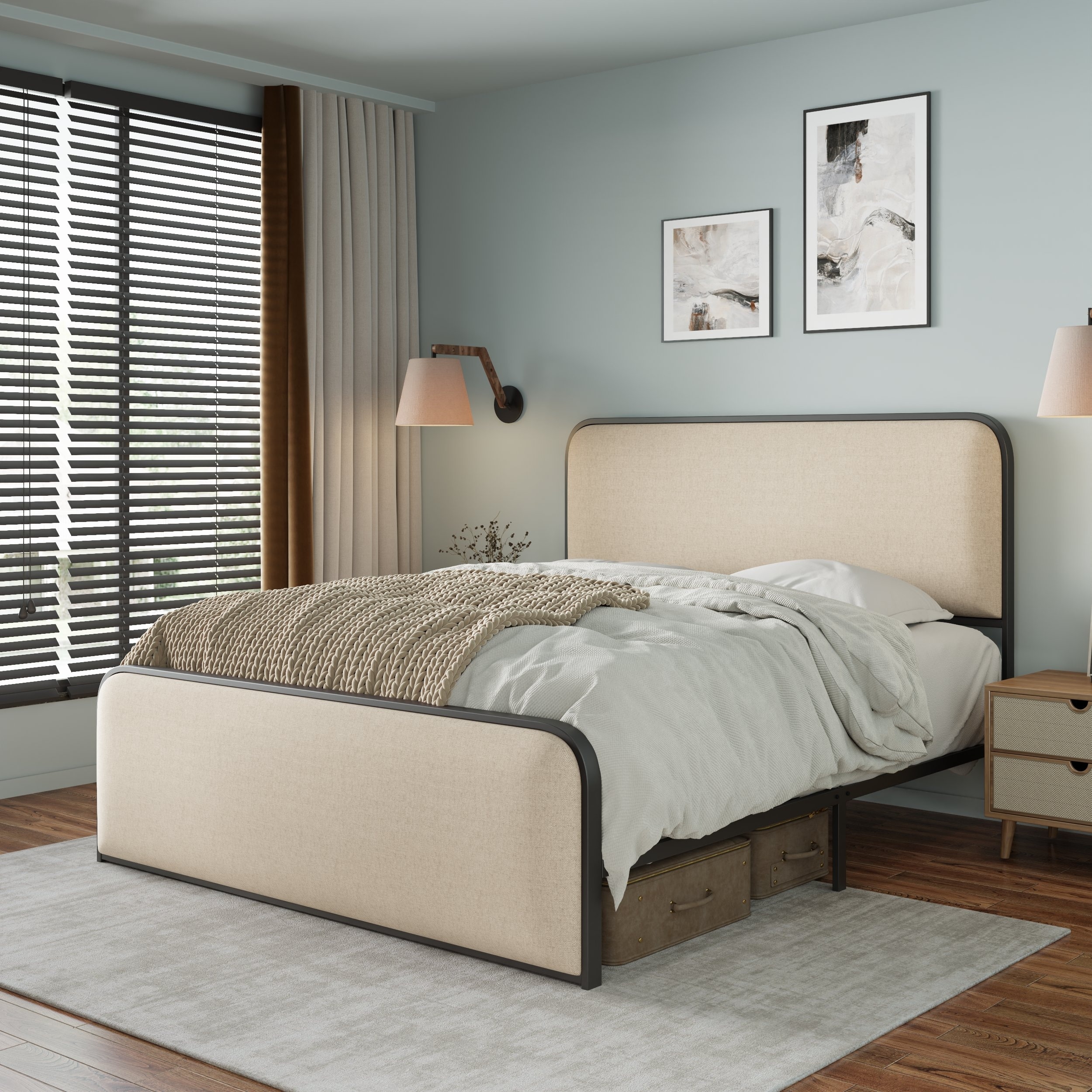 Modern Queen Size Metal Bed Frame w/ Curved Upholstered Headboard & Footboard Bed with Under Bed Storage, Beige