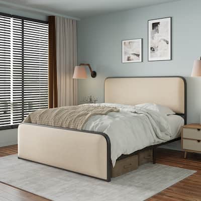Roomfitters Queen/King Size Metal Bed Frame, Curved Upholstered Headboard and Footboard, Under Bed Storage, Beige