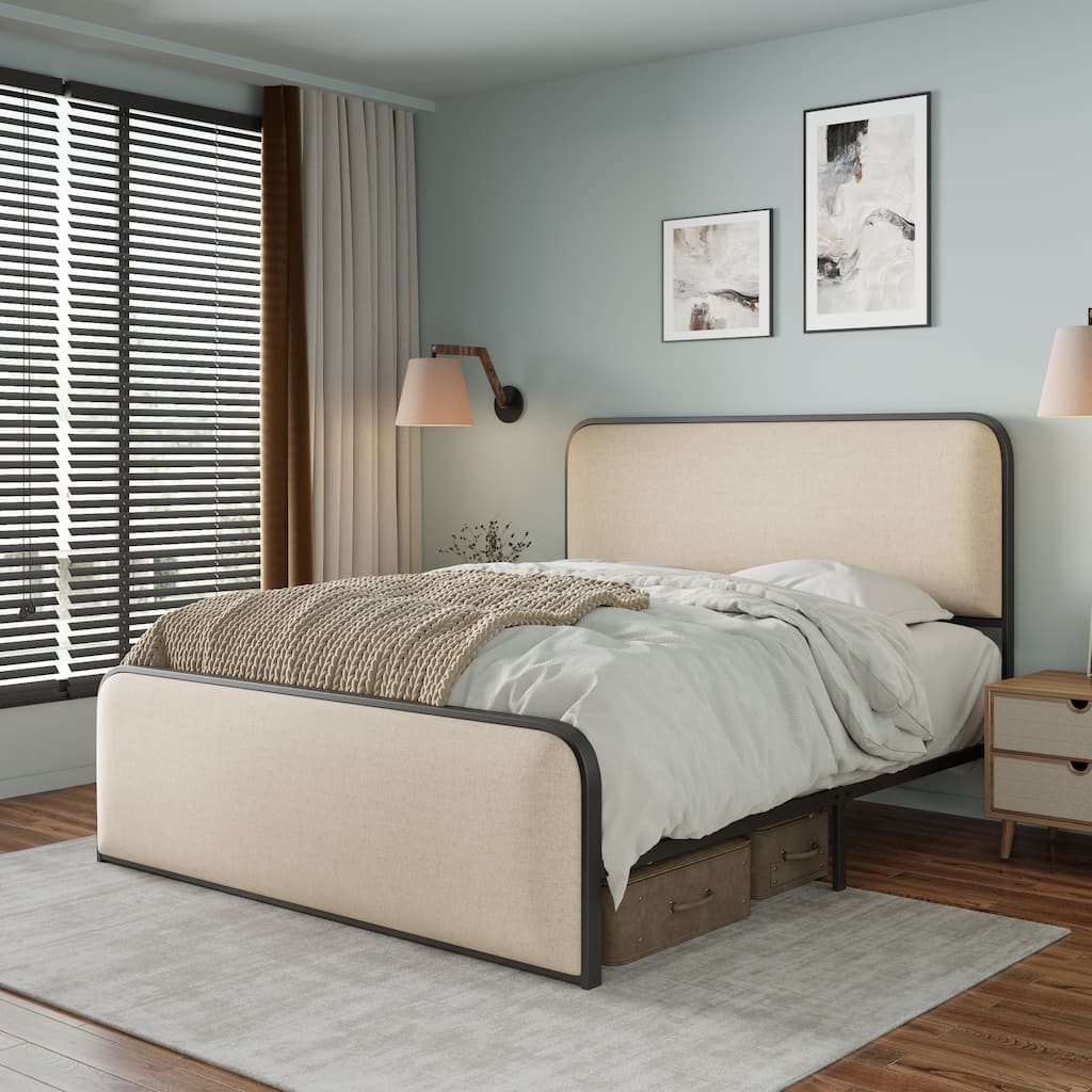 Roomfitters Queen/King Size Metal Bed Frame, Curved Upholstered Headboard and Footboard, Under Bed Storage, Beige
