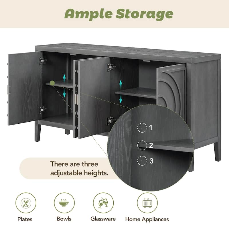 Retro Sideboard Door wCircular Groove Design Round Metal Door Handle, Wooden Buffet Cabinet,Adjustable Shelves & Open Countertop