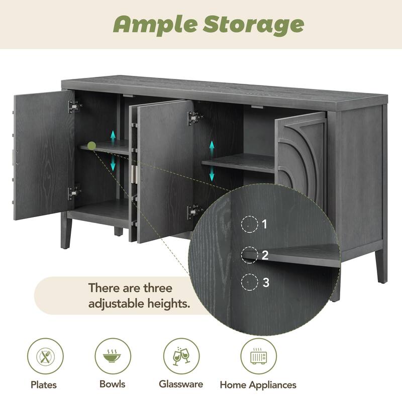 Retro Sideboard Doors with Circular Groove Design Round Metal Door Handle - 60"L x 16"W x 32"H