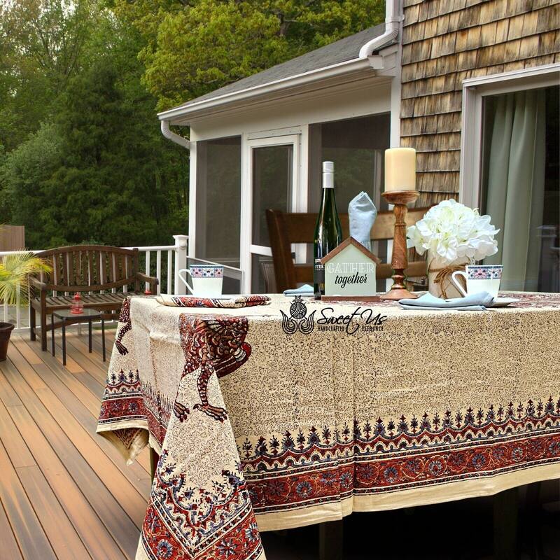 Block Print Veggie Dye Peacock Paradise Paisley Tablecloth Collection