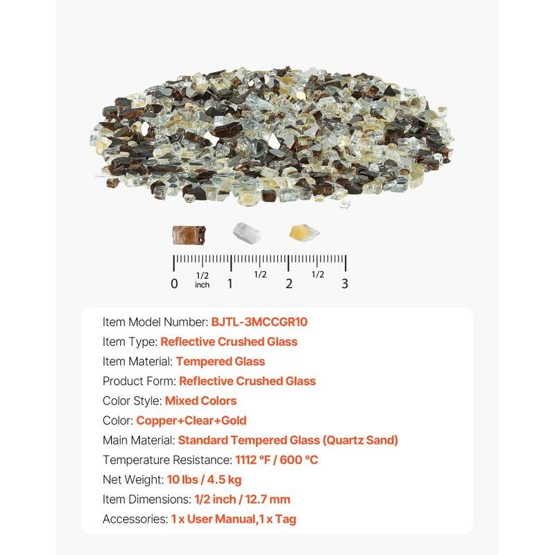 Copper Clear Gold Tempered Crushed Fire Glass Rocks half Inch 10 lbs. - 1/2 inch