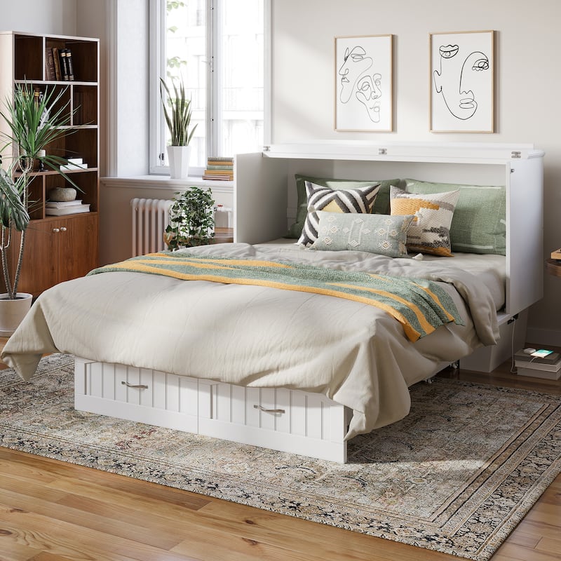 Sydney Queen Murphy Bed Chest with 6" Mattress, Storage Drawer & Built-In Charger in White