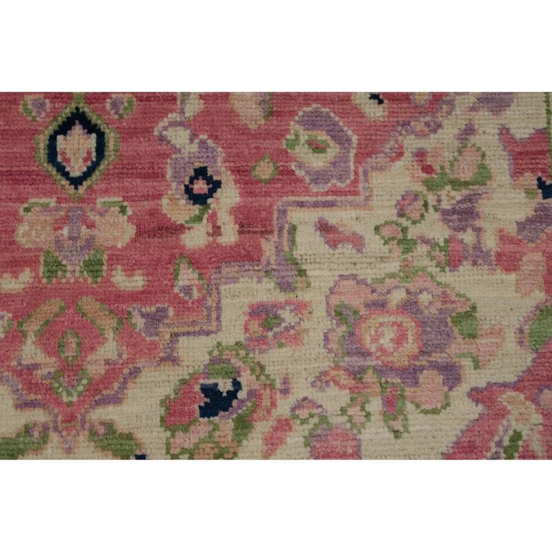 Hand Knotted Oriental 100% Wool Carpet Transitional Medallion Pink Oushak Area Rug - 6' 7'' X 5' 2''