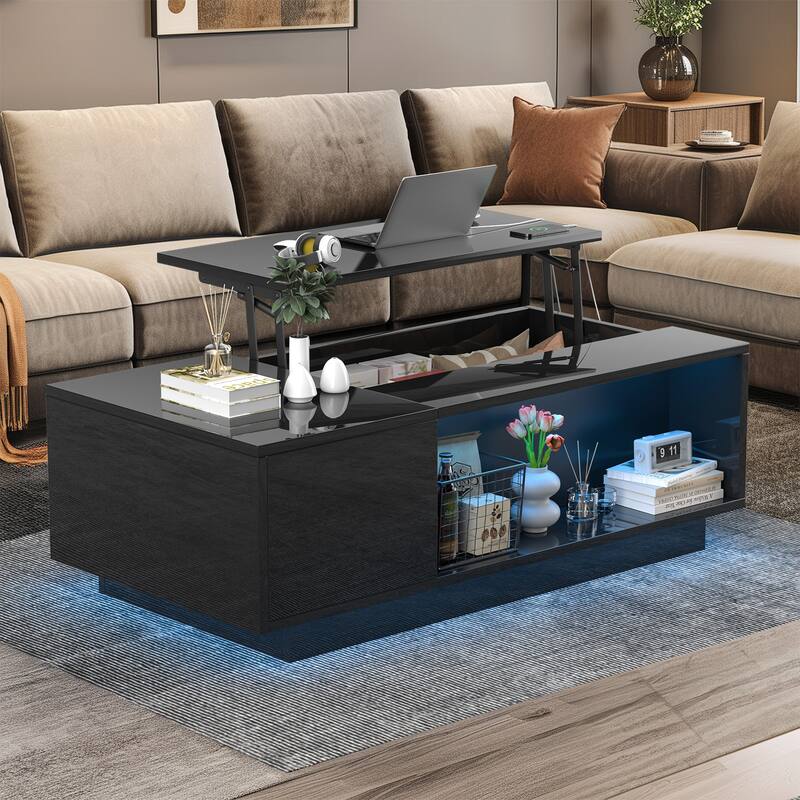Pocassy 47" Coffee Table with Storage High Gloss Surface - Black
