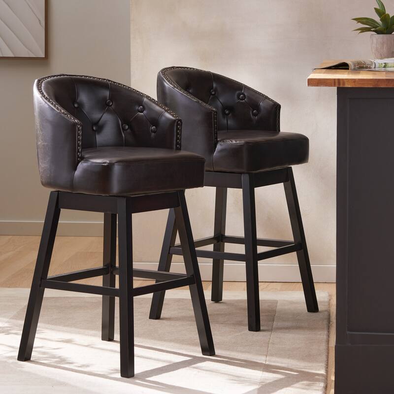 Modern Set of 2 Swivel Bar Stools with Button-Tufted Backrest, Nailhead Trim, Solid Wood Legs for Bar Dining Room Café - Brown