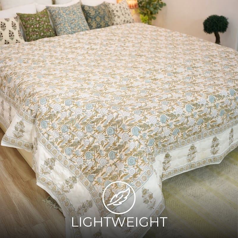 Fabdivine Cotton Quilt HandBlock Printed Vegetable Dye Brown Floral Sustainable EcoFriendly Reversible Bedspread Artisan Bedding