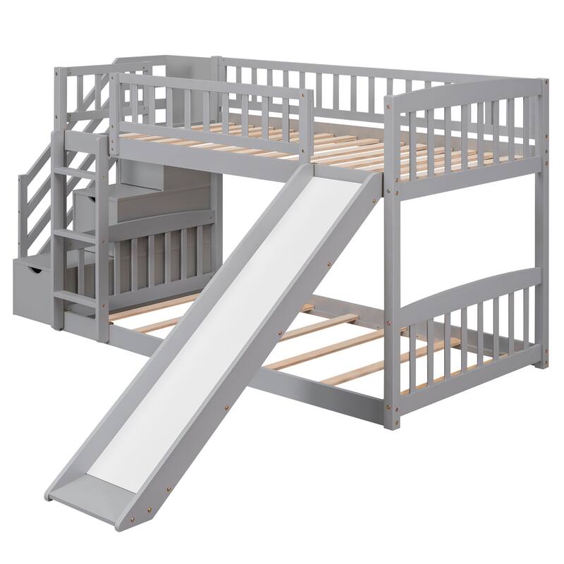 Twin Over Twin Bunk Bed with Drawers, Slide, and Stairs, Gray