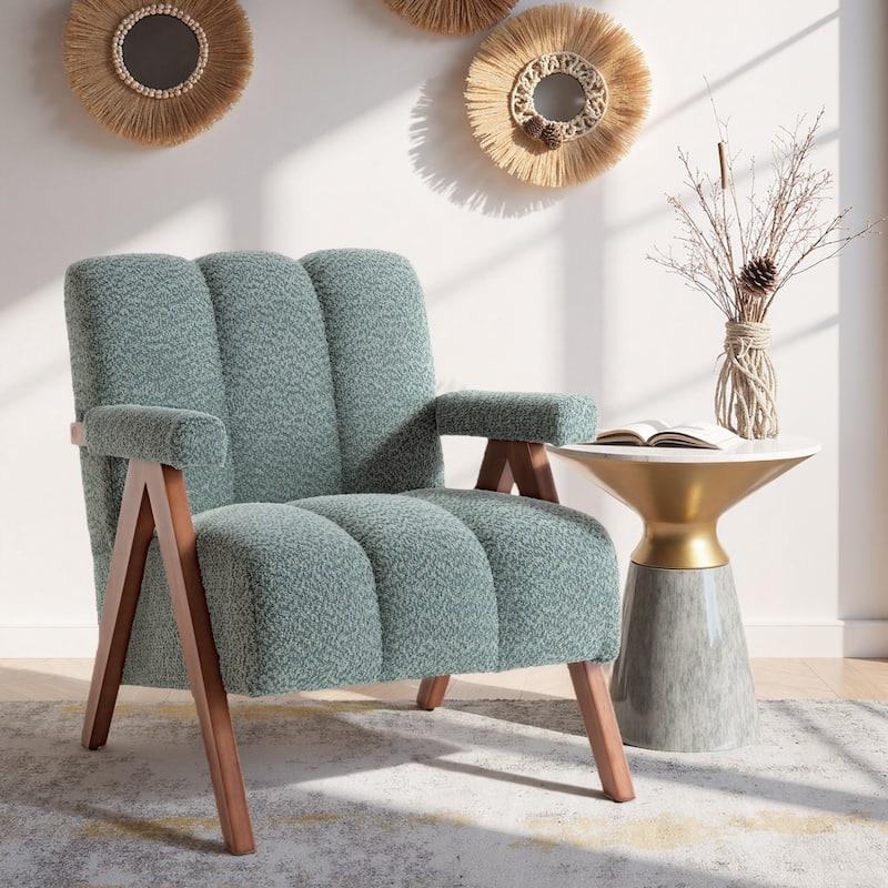 Mid Century Modern Accent Chair, Chenille Armchair with Solid Wood Legs, Channel Tufted Comfy Reading Chair for Living Room - Sage