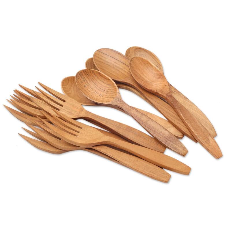 NOVICA Teakwood fork and spoon set, 'Delicious Meal' (12 piece)