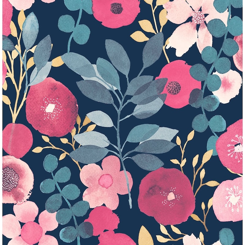 NextWall Garden Dance Peel and Stick Wallpaper - 20.5 in. W x 18 ft. L - Navy & Magenta