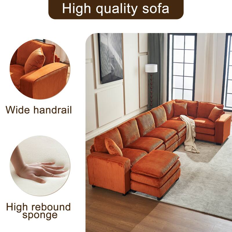 Modern U Shaped 6-seat Sectional Corduroy Sofa Couch with one Ottoman and three toss pillows ,Modular Sofa for Living Room