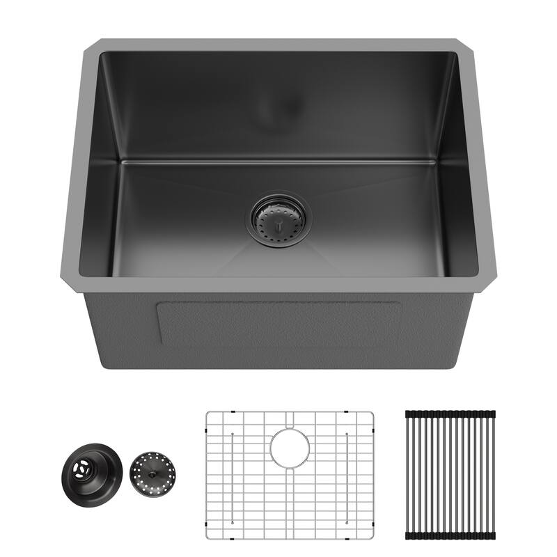 24" Undermount 16 Gauge Single Bowl Stainless Steel Kitchen Sink in Gunmetal Black - 24'' x 18'' x 12''