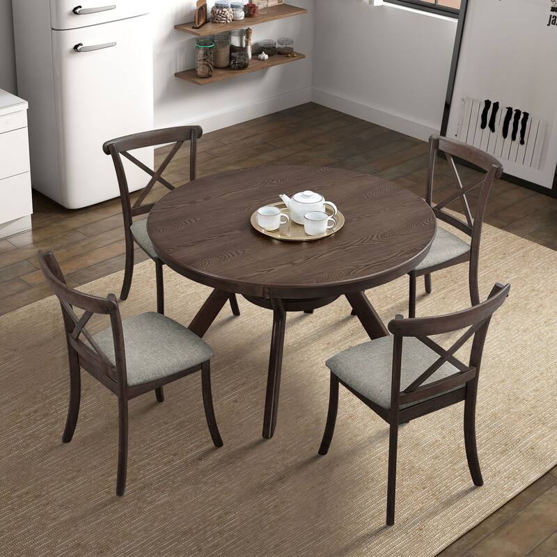5 Pieces Set Mid-century Modern 47 in Round Rubber Wood Dining Table with Pedestal Base for 4-6 People - Dark Brown - 1 Table + 4 Chairs Set