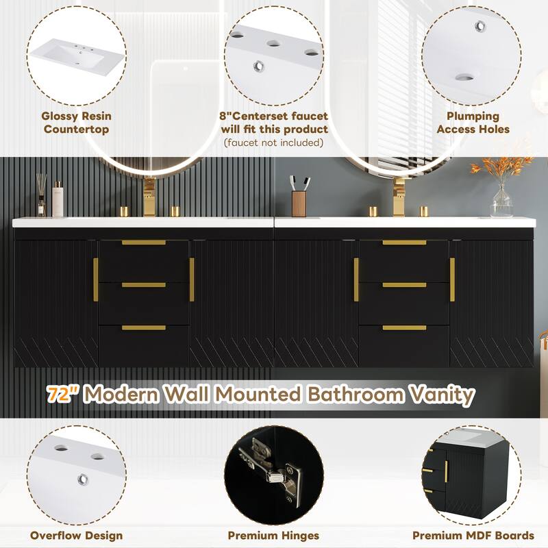 Roomfitters 72" Wall Mounted Bathroom Vanity with Sink, Floating Solid Wood Storage Cabinet with Drawers