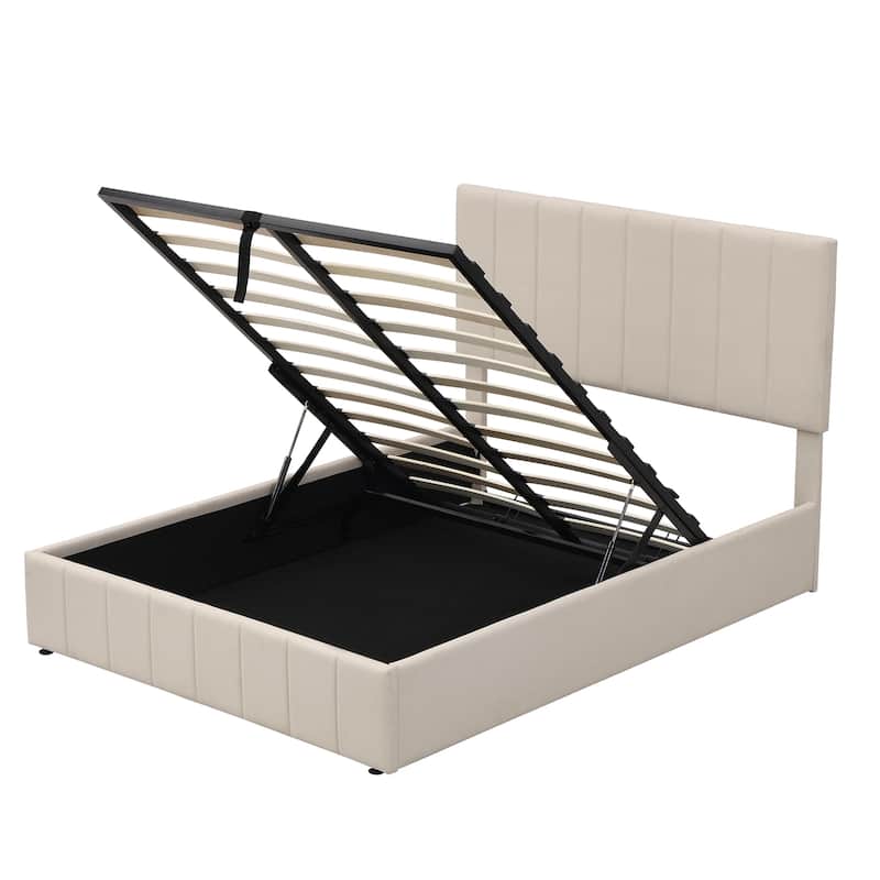 Upholstered Platform bed with a Hydraulic Storage System - Beige