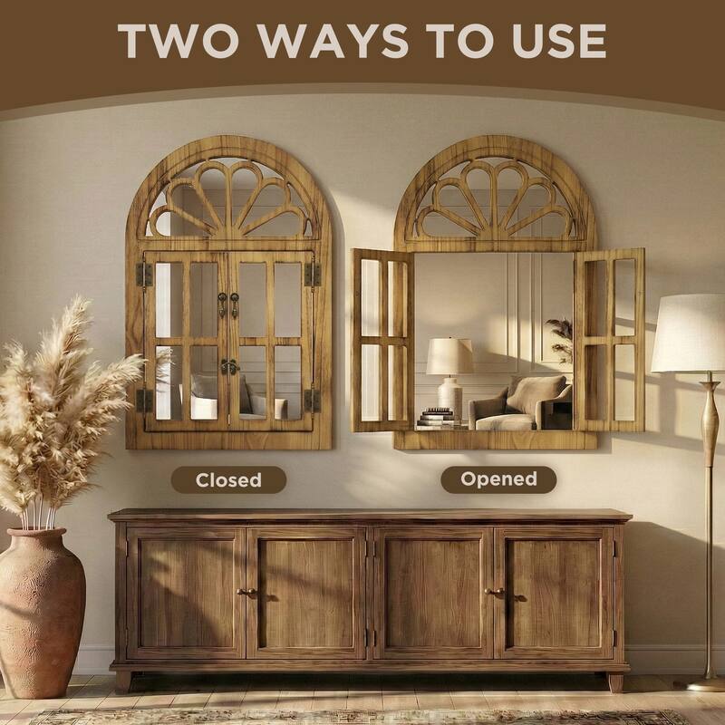 Solid Wood Arched Framed Windowpane Accent Mirror Wall Mirror