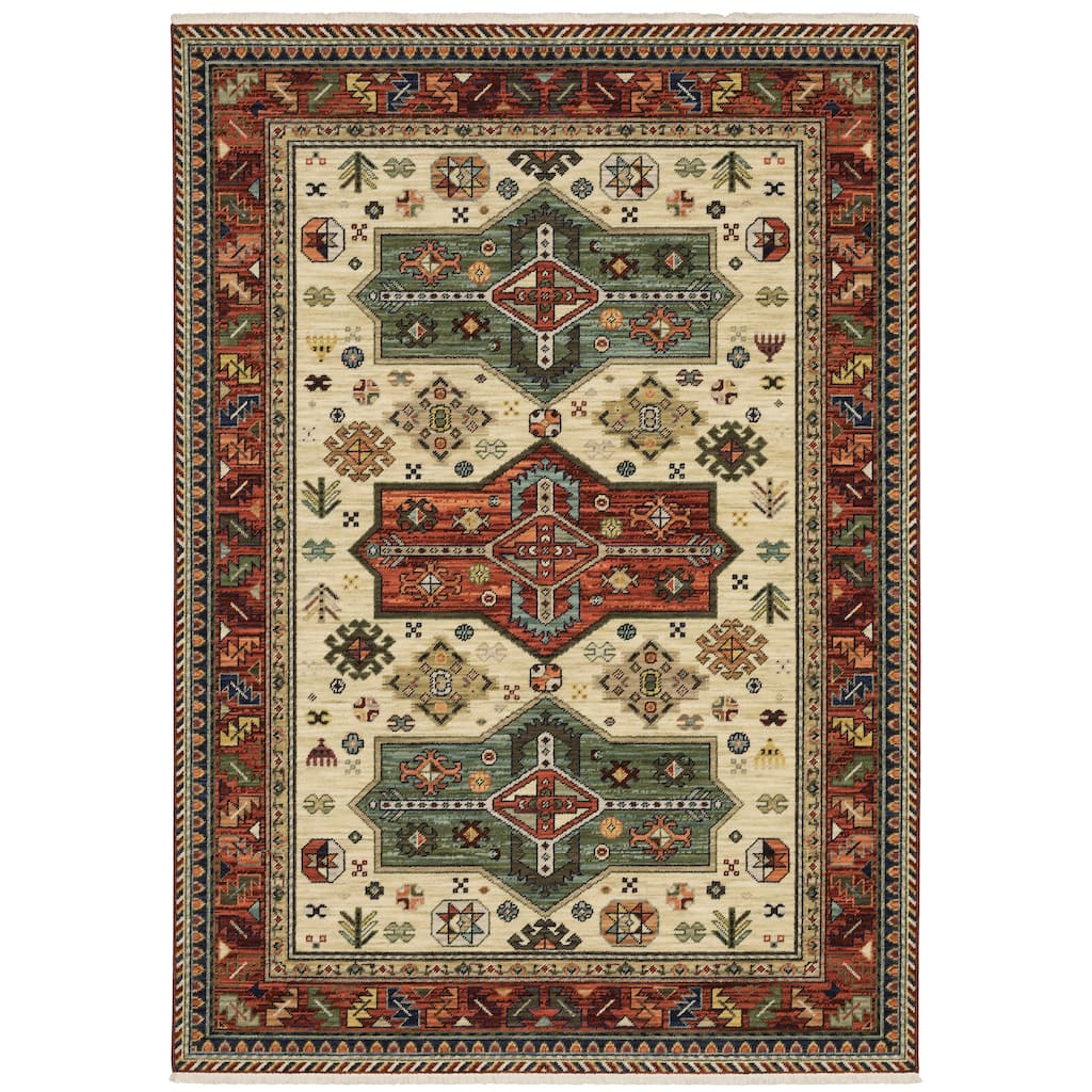 Style Haven Leander Tribal Medallion Red/ Multi Fringed Wool Blend Rug-