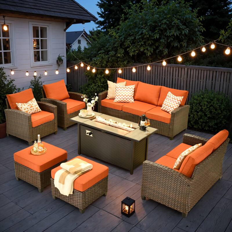 HOOOWOOO 7-piece Outdoor Wicker Rattan Patio Conversation Set with Fire Pit - Red/Orange