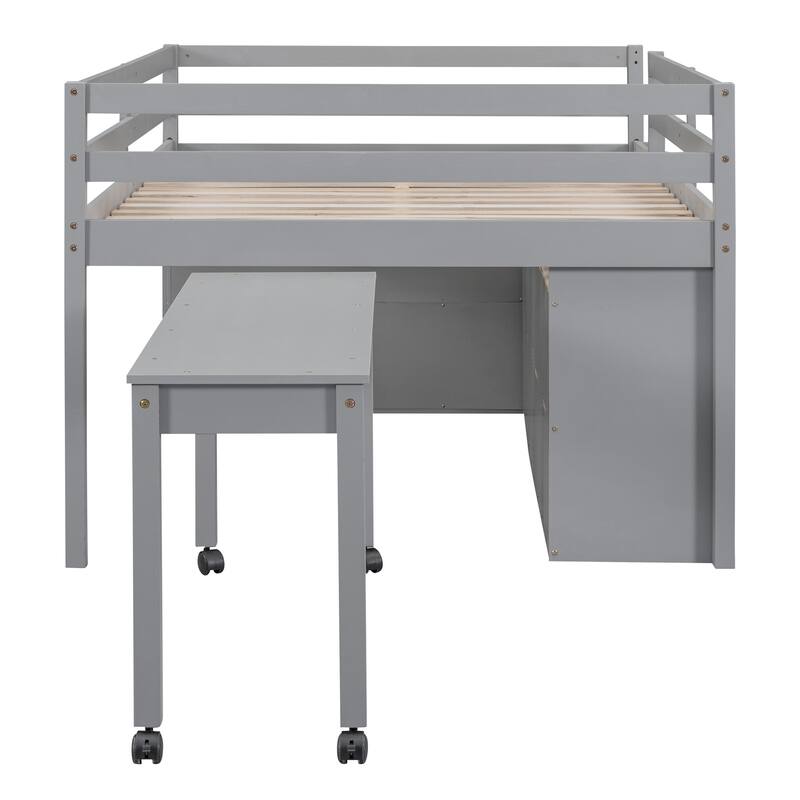 Solid Wood Loft Bed with Retractable Desk and Drawers